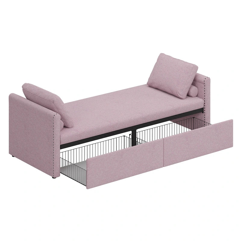 Bain de soleil capitonné avec 2 tiroirs de rangement et oreillers, en tissu de lin
