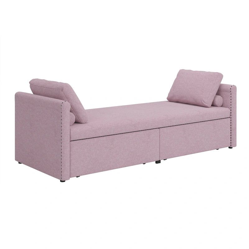 Bain de soleil capitonné avec 2 tiroirs de rangement et oreillers, en tissu de lin