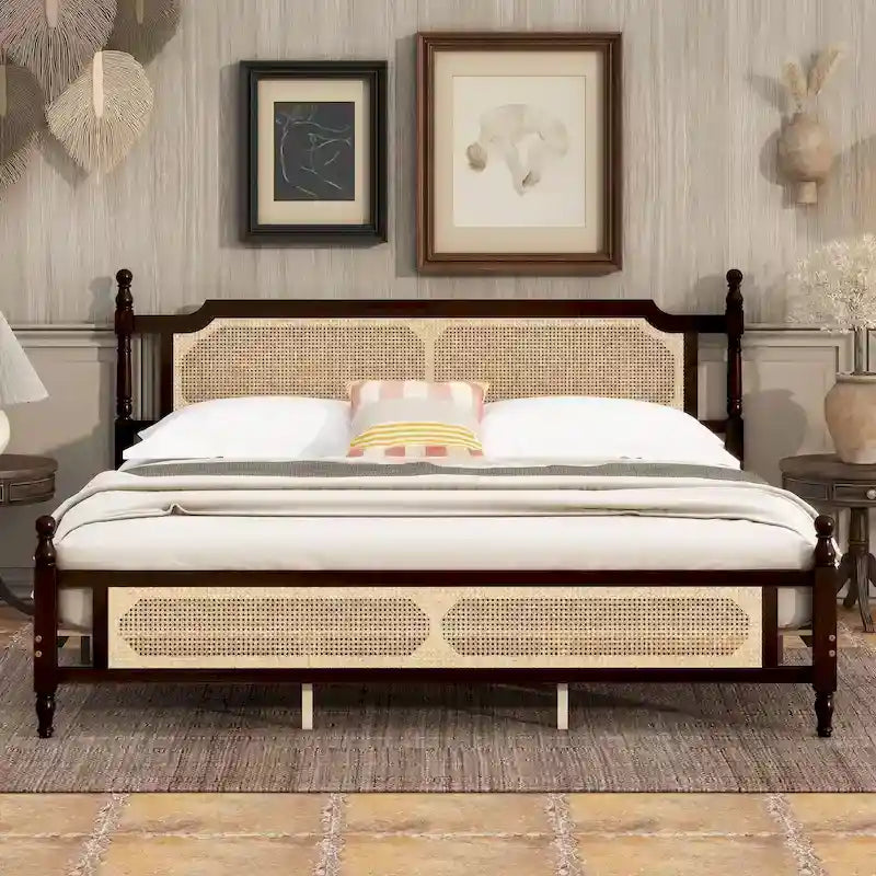 Lit plateforme King avec tête de lit en rotin et rangement sous le lit