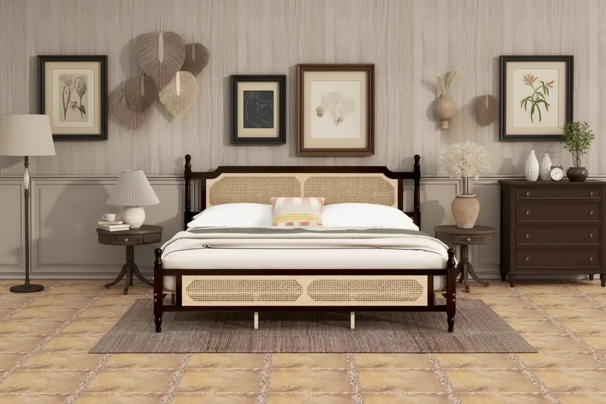 King Platform Bed with Rattan Headboard & Under-Bed Storage