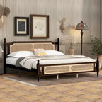 Lit plateforme King avec tête de lit en rotin et rangement sous le lit
