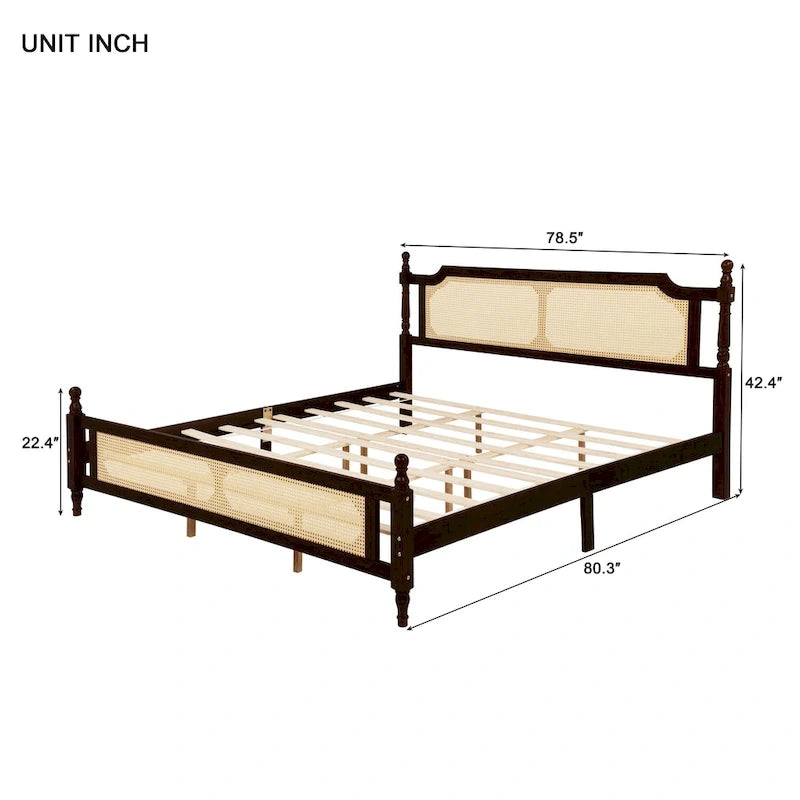 Lit plateforme King avec tête de lit en rotin et rangement sous le lit