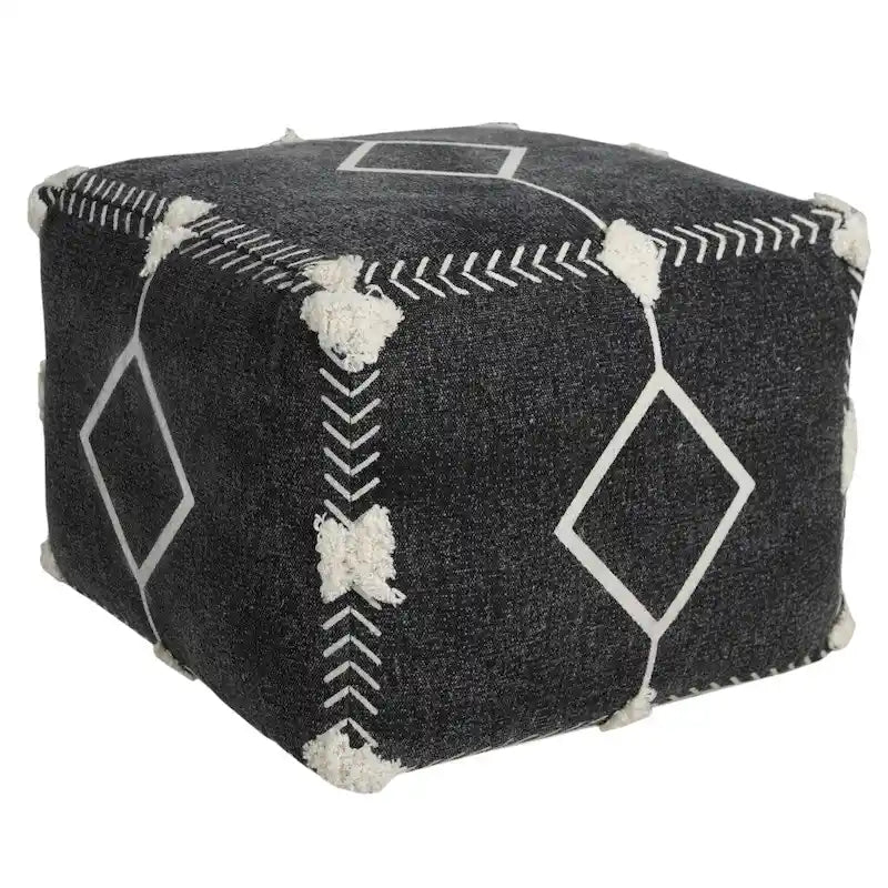Pouf ottoman géométrique 18" en coton noir pour le salon (siège et repose-pieds)