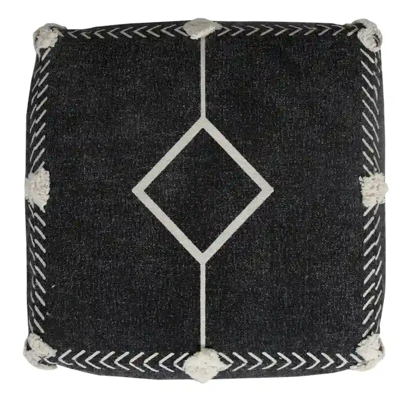 Pouf ottoman géométrique 18" en coton noir pour le salon (siège et repose-pieds)