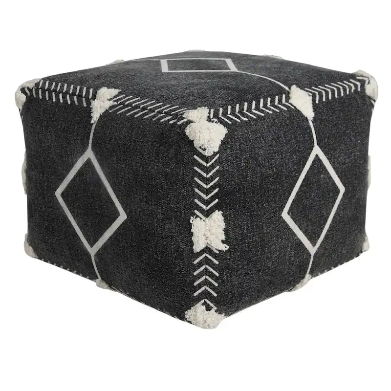 Pouf ottoman géométrique 18" en coton noir pour le salon (siège et repose-pieds)