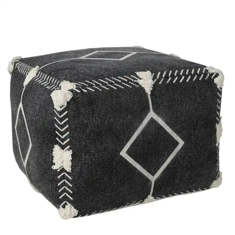 Pouf ottoman géométrique 18" en coton noir pour le salon (siège et repose-pieds)