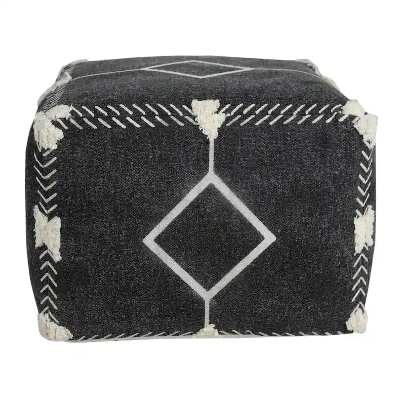 Pouf ottoman géométrique 18" en coton noir pour le salon (siège et repose-pieds)