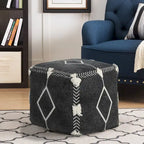 Pouf ottoman géométrique 18" en coton noir pour le salon (siège et repose-pieds)