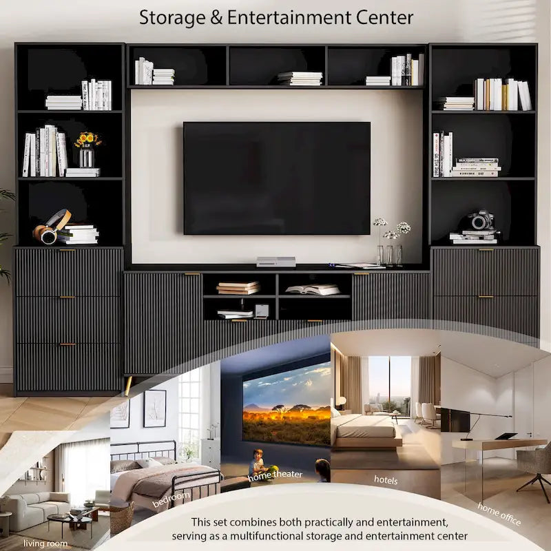 Grand meuble mural de divertissement avec grand rangement Support TV mural avec bibliothèque ouverte Meuble média pour TV jusqu'à 70 pouces