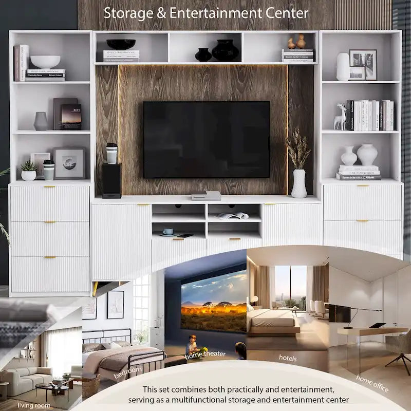 Grand meuble mural de divertissement avec grand rangement Support TV mural avec bibliothèque ouverte Meuble média pour TV jusqu'à 70 pouces