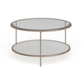 Table basse ronde or et cuivre avec rangement et plateau en verre, pieds tripodes