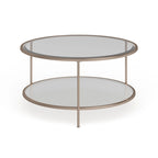 Table basse ronde or et cuivre avec rangement et plateau en verre, pieds tripodes