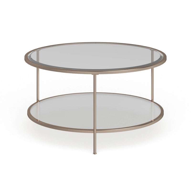 Table basse ronde or et cuivre avec rangement et plateau en verre, pieds tripodes