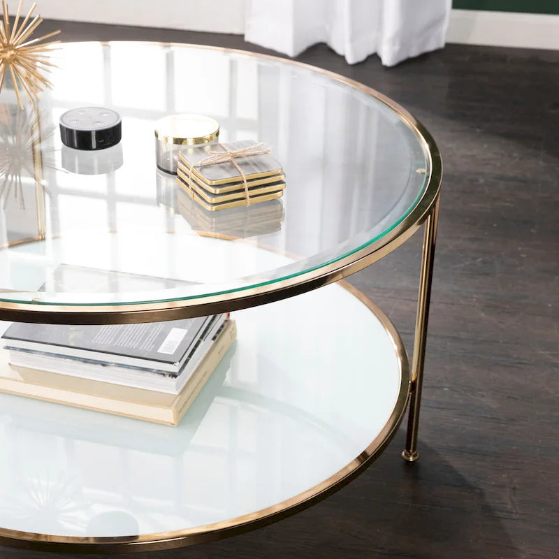 Table basse ronde or et cuivre avec rangement et plateau en verre, pieds tripodes