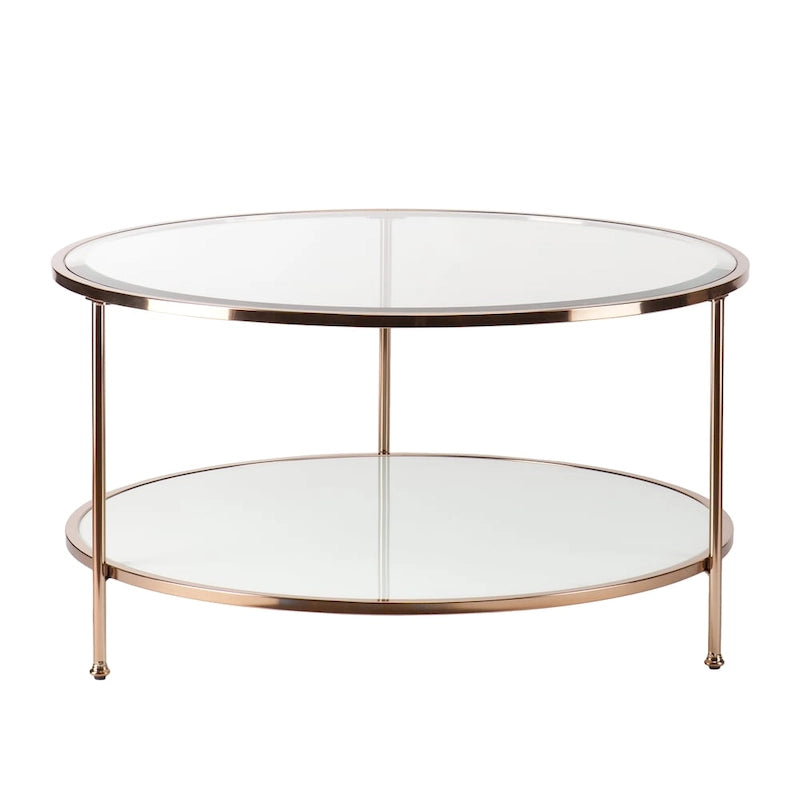 Table basse ronde or et cuivre avec rangement et plateau en verre, pieds tripodes