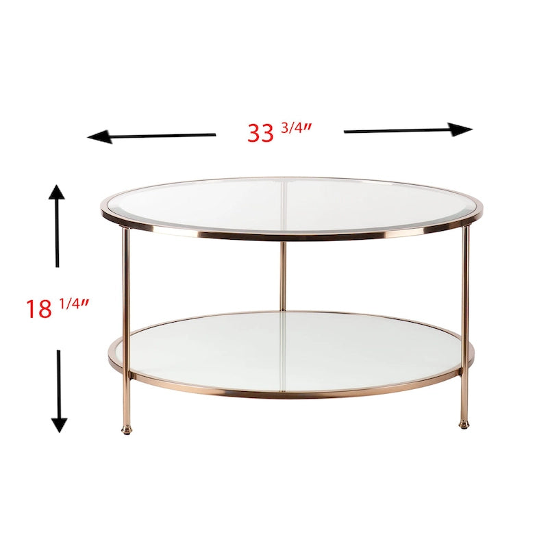 Table basse ronde or et cuivre avec rangement et plateau en verre, pieds tripodes