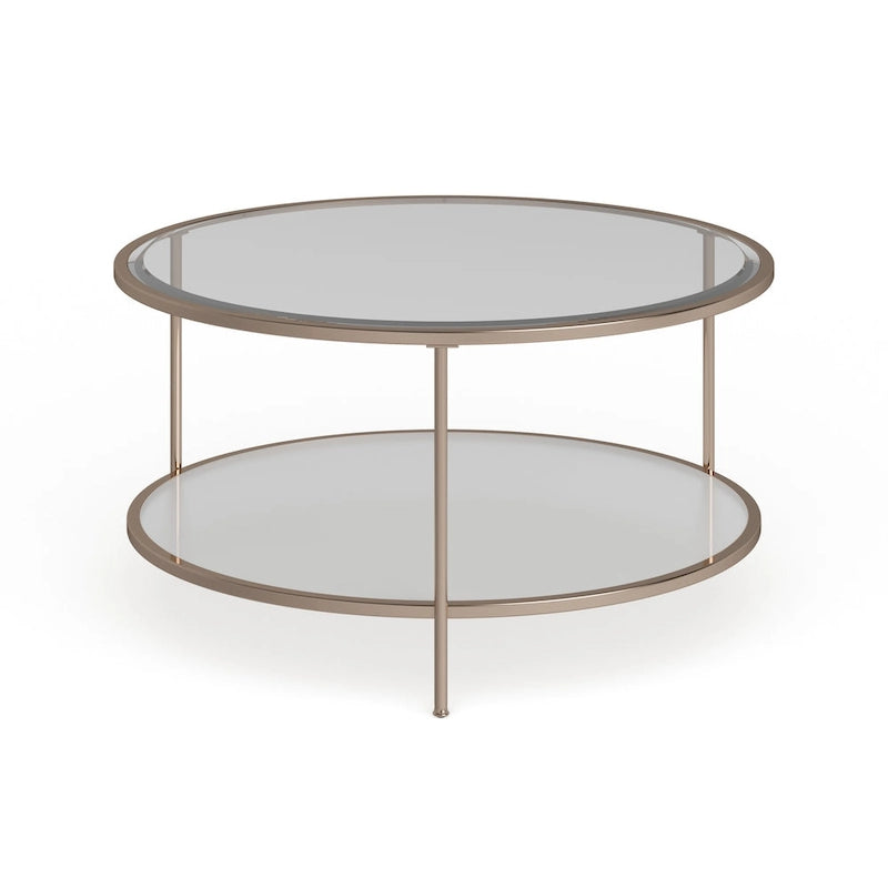 Table basse ronde or et cuivre avec rangement et plateau en verre, pieds tripodes
