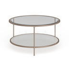 Table basse ronde or et cuivre avec rangement et plateau en verre, pieds tripodes