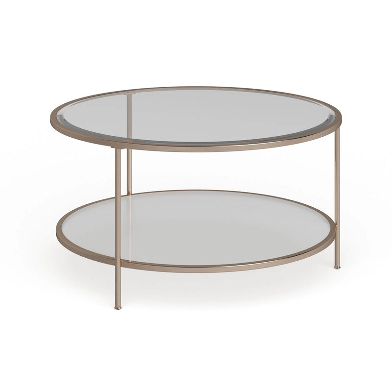 Table basse ronde or et cuivre avec rangement et plateau en verre, pieds tripodes