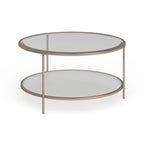 Table basse ronde or et cuivre avec rangement et plateau en verre, pieds tripodes