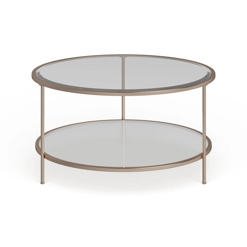 Table basse ronde or et cuivre avec rangement et plateau en verre, pieds tripodes