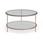 Table basse ronde or et cuivre avec rangement et plateau en verre, pieds tripodes