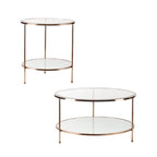 Table basse ronde or et cuivre avec rangement et plateau en verre, pieds tripodes