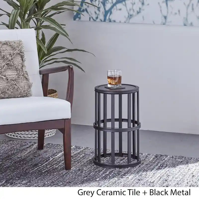 Table d'appoint ronde en carreaux de céramique industrielle avec cadre en fer noir, 28 cm