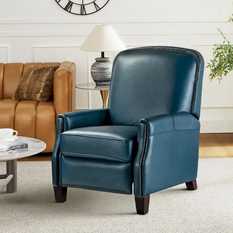 Fauteuil inclinable moderne rétro en cuir véritable avec garniture cloutée et cadre en bois