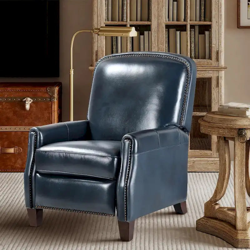 Fauteuil inclinable moderne rétro en cuir véritable avec garniture cloutée et cadre en bois