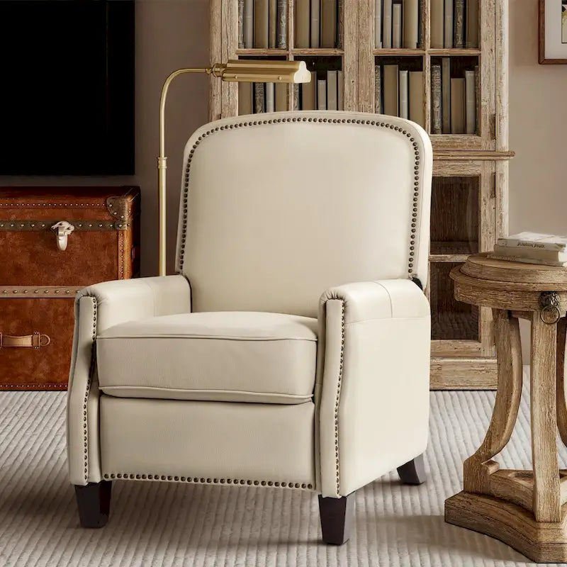 Fauteuil inclinable moderne rétro en cuir véritable avec garniture cloutée et cadre en bois