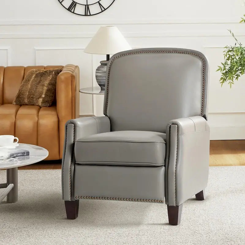 Fauteuil inclinable moderne rétro en cuir véritable avec garniture cloutée et cadre en bois