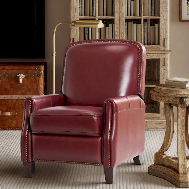 Fauteuil inclinable moderne rétro en cuir véritable avec garniture cloutée et cadre en bois