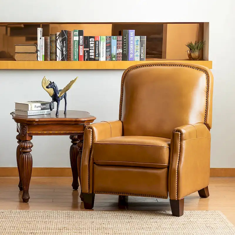 Fauteuil inclinable moderne rétro en cuir véritable avec garniture cloutée et cadre en bois