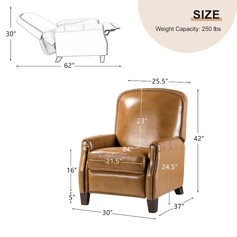 Fauteuil inclinable moderne rétro en cuir véritable avec garniture cloutée et cadre en bois