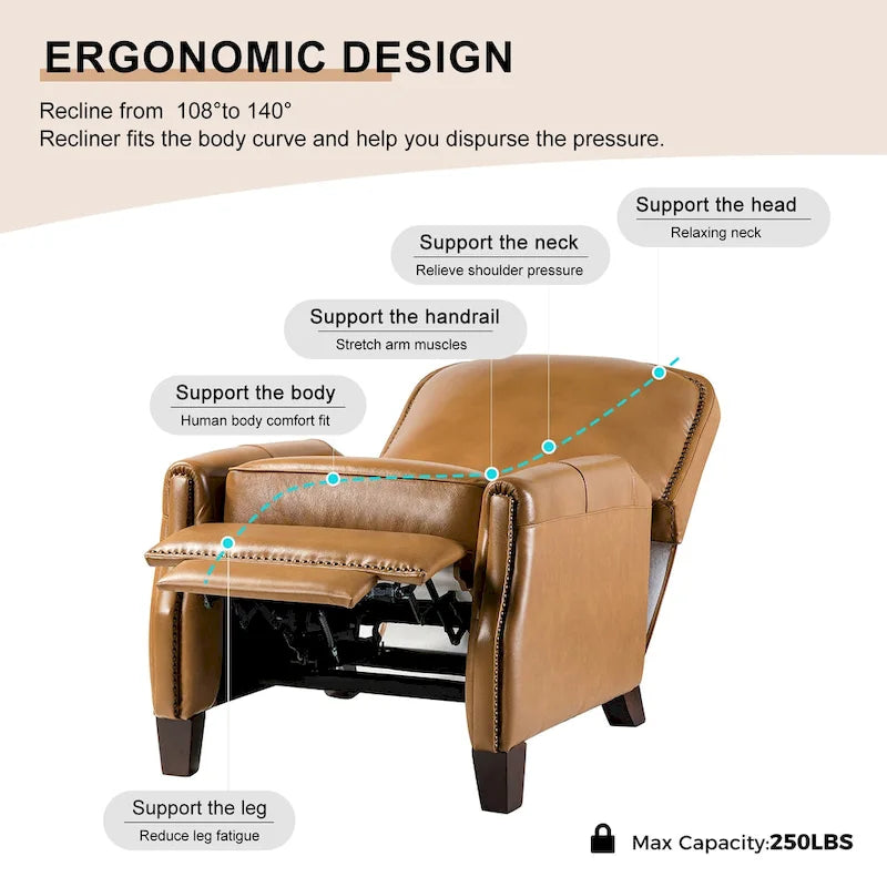 Fauteuil inclinable moderne rétro en cuir véritable avec garniture cloutée et cadre en bois