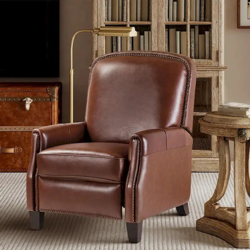 Fauteuil inclinable moderne rétro en cuir véritable avec garniture cloutée et cadre en bois