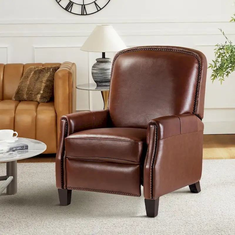 Fauteuil inclinable moderne rétro en cuir véritable avec garniture cloutée et cadre en bois