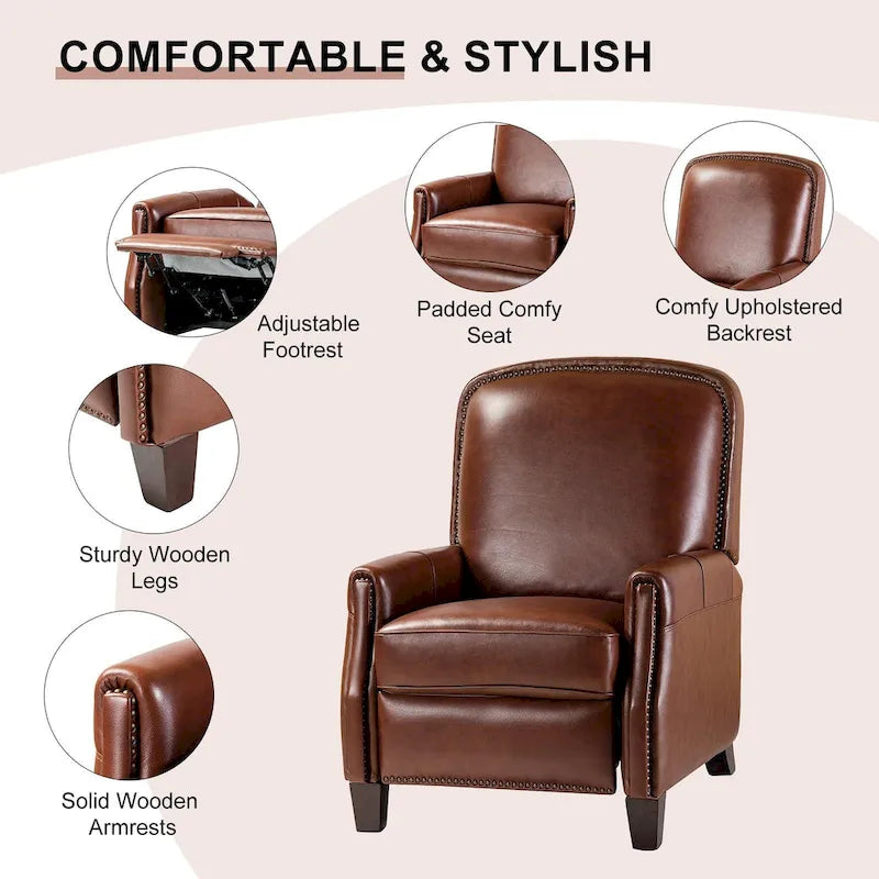Fauteuil inclinable moderne rétro en cuir véritable avec garniture cloutée et cadre en bois