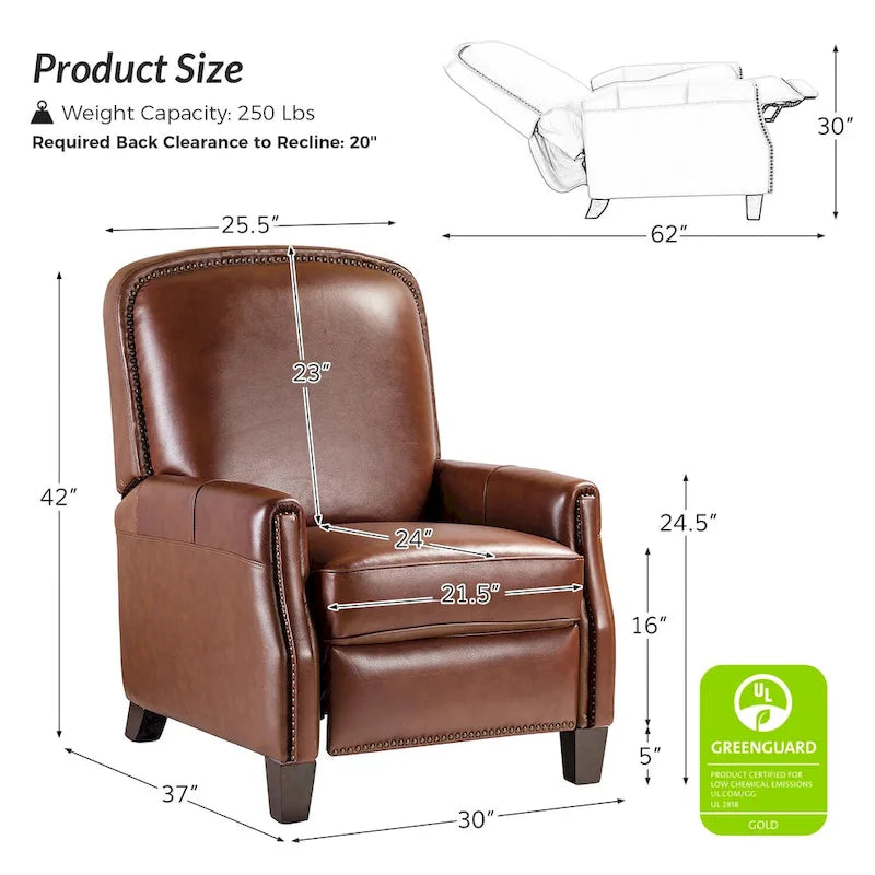 Fauteuil inclinable moderne rétro en cuir véritable avec garniture cloutée et cadre en bois
