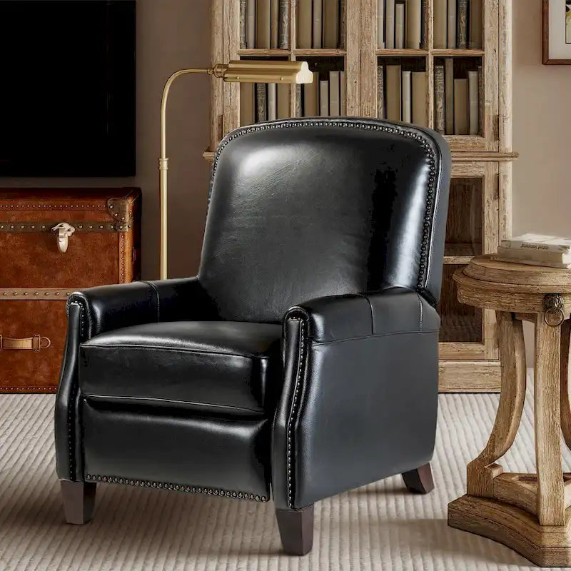 Fauteuil inclinable moderne rétro en cuir véritable avec garniture cloutée et cadre en bois