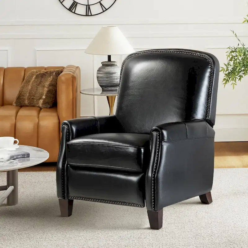 Fauteuil inclinable moderne rétro en cuir véritable avec garniture cloutée et cadre en bois