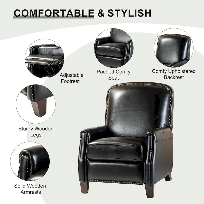 Fauteuil inclinable moderne rétro en cuir véritable avec garniture cloutée et cadre en bois