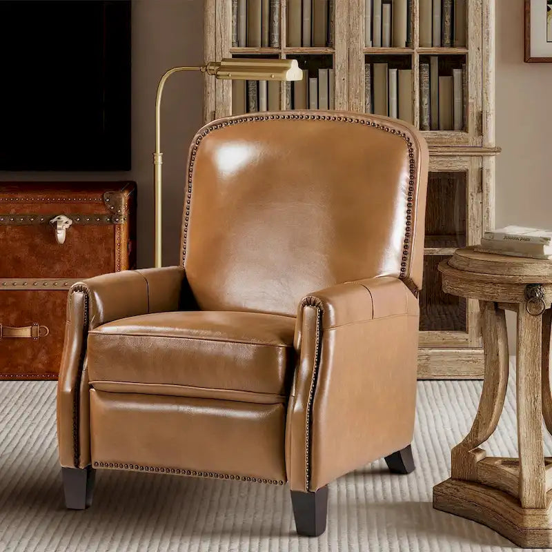 Fauteuil inclinable moderne rétro en cuir véritable avec garniture cloutée et cadre en bois