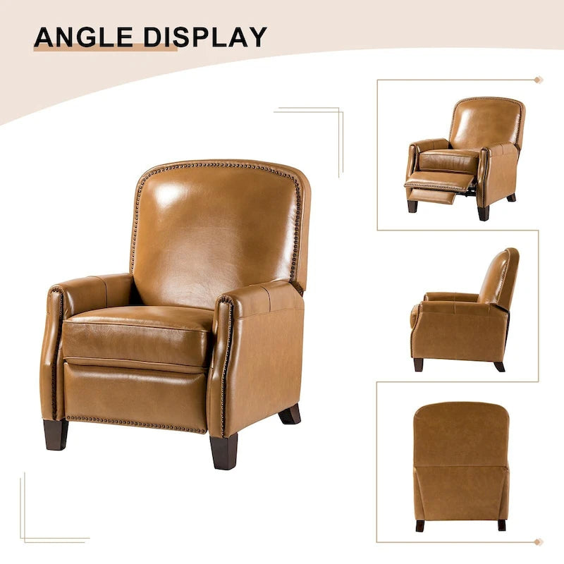 Fauteuil inclinable moderne rétro en cuir véritable avec garniture cloutée et cadre en bois