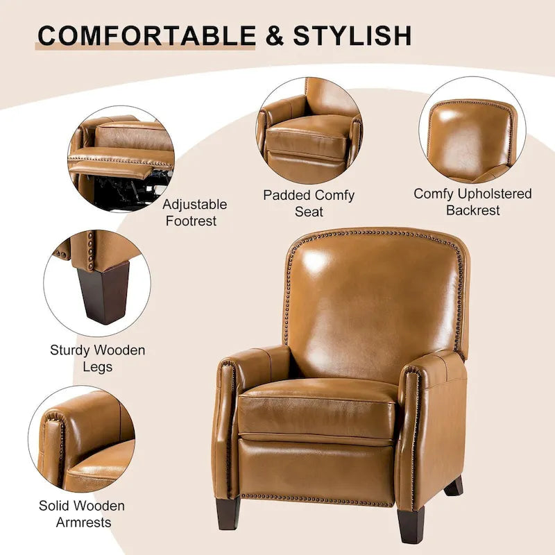Fauteuil inclinable moderne rétro en cuir véritable avec garniture cloutée et cadre en bois