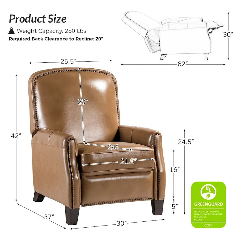Fauteuil inclinable moderne rétro en cuir véritable avec garniture cloutée et cadre en bois