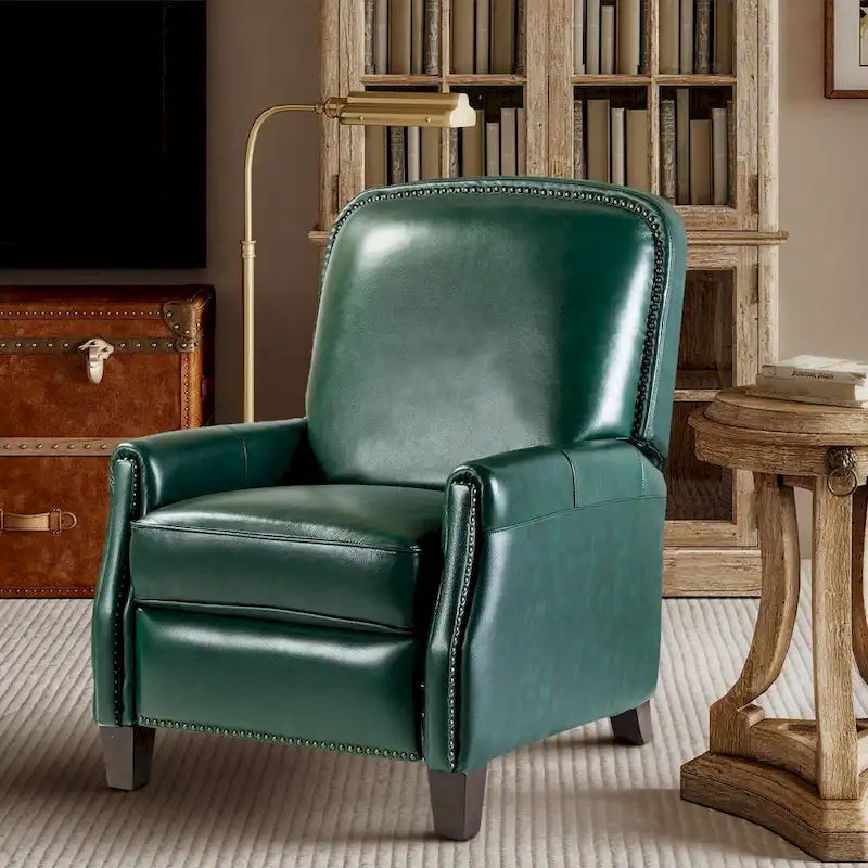 Fauteuil inclinable moderne rétro en cuir véritable avec garniture cloutée et cadre en bois