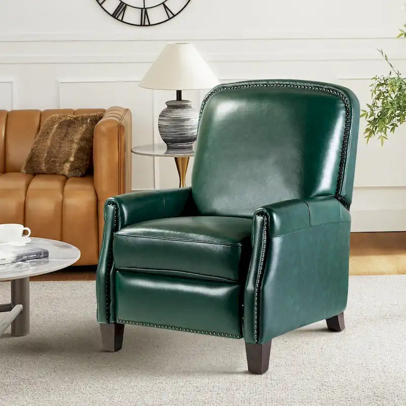 Fauteuil inclinable moderne rétro en cuir véritable avec garniture cloutée et cadre en bois