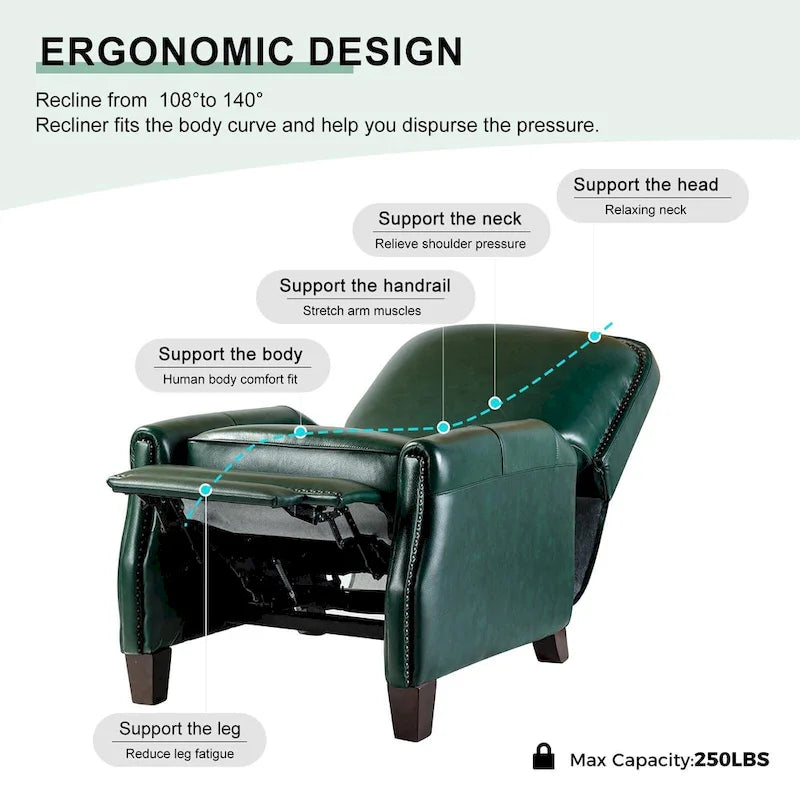 Fauteuil inclinable moderne rétro en cuir véritable avec garniture cloutée et cadre en bois